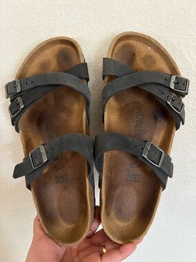 Birkenstock Franca Oiled Leather Black Sandal Size 38 L 7-7.5 Wide fit